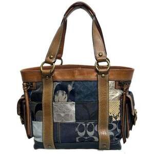 COACH Tote Bag, Handbag, Patchwork, Denim, Leather, Canvas, Signature, Multi-...
